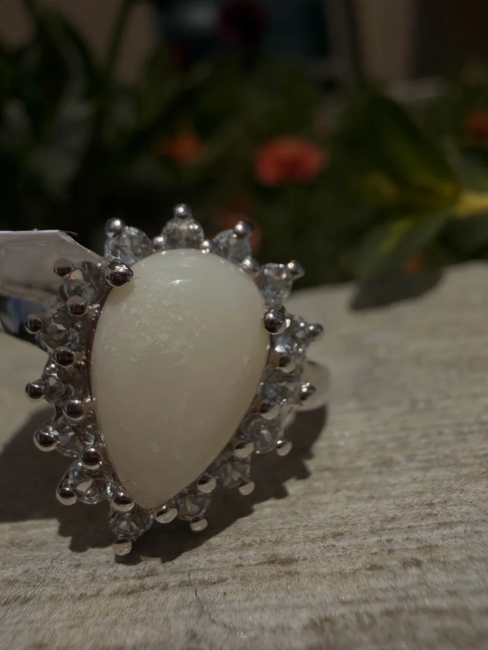 Brilliant White Opal & Blue Topaz Ring | 14K White Gold Plated|Size 8